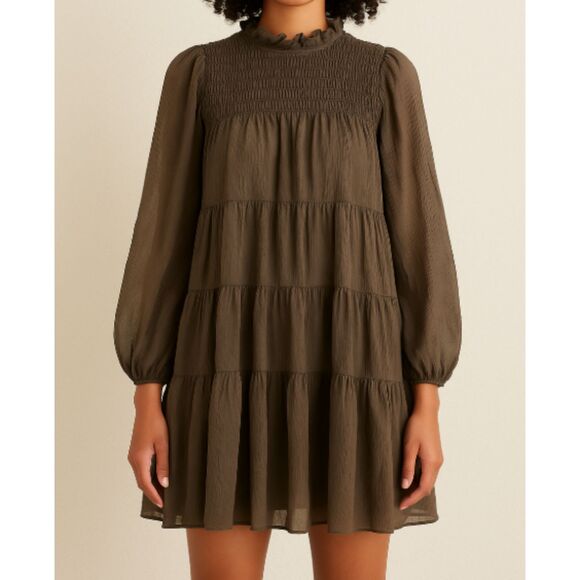 En Saison Smocked Tiered Mini Dress Brown Long Sleeve Sheer Boho Chic Size Small - Picture 1 of 9